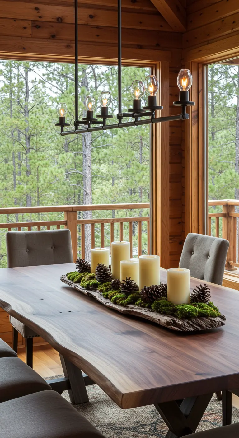 Centre de table dans une auge en bois avec mousse, pommes de pin et bougies ivoire.