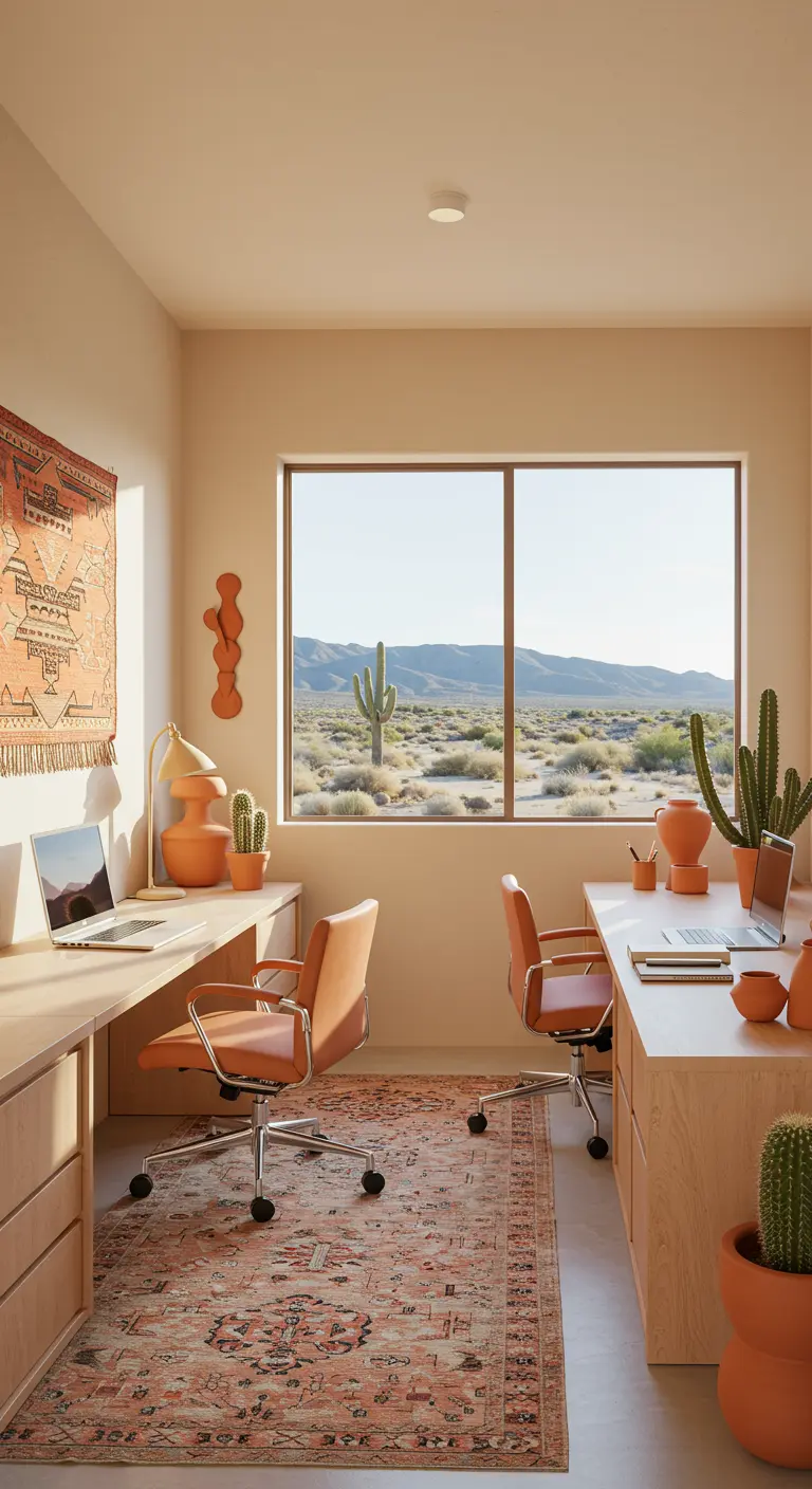 Bureau partagé dans des tons terracotta et bois clair, avec des cactus et une vue sur le désert.