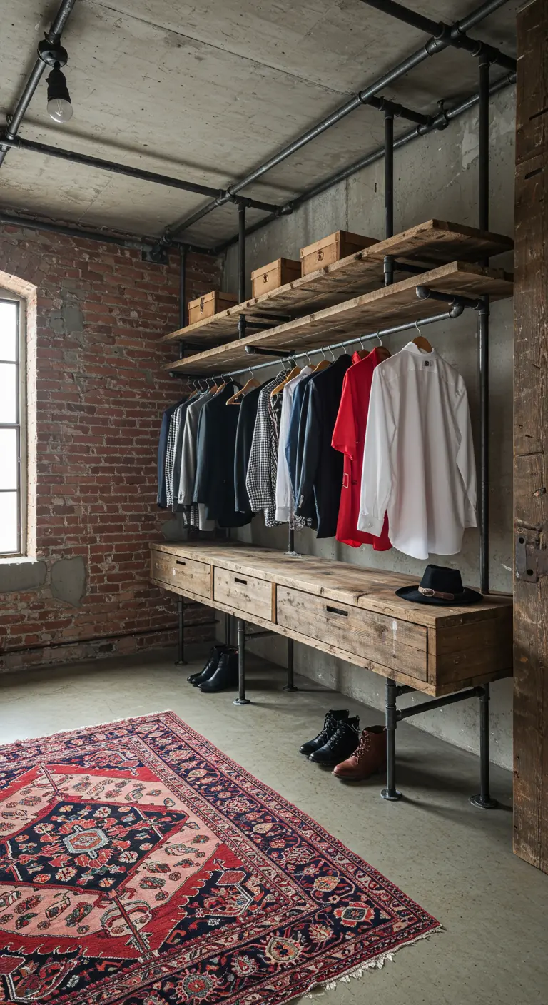 Dressing de style industriel avec des étagères en bois brut et une structure en tuyaux de métal noir.