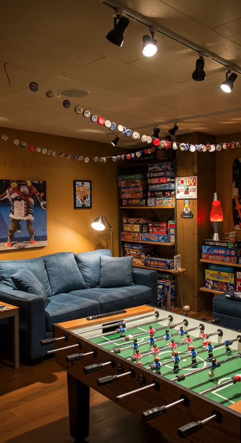 Guirlande de capsules de bouteilles de soda colorées tendue dans une salle de jeux.