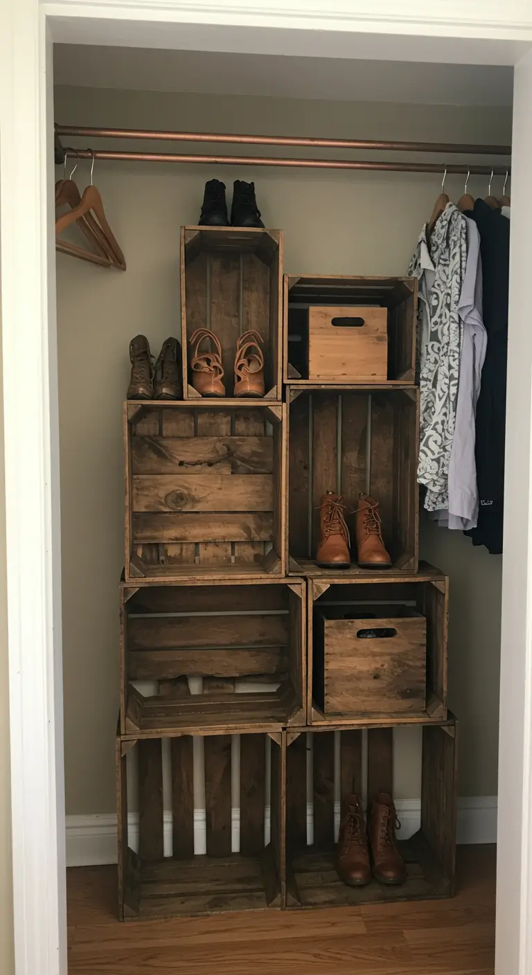 Rangement pour chaussures et vêtements fait de caisses en bois empilées dans un placard.