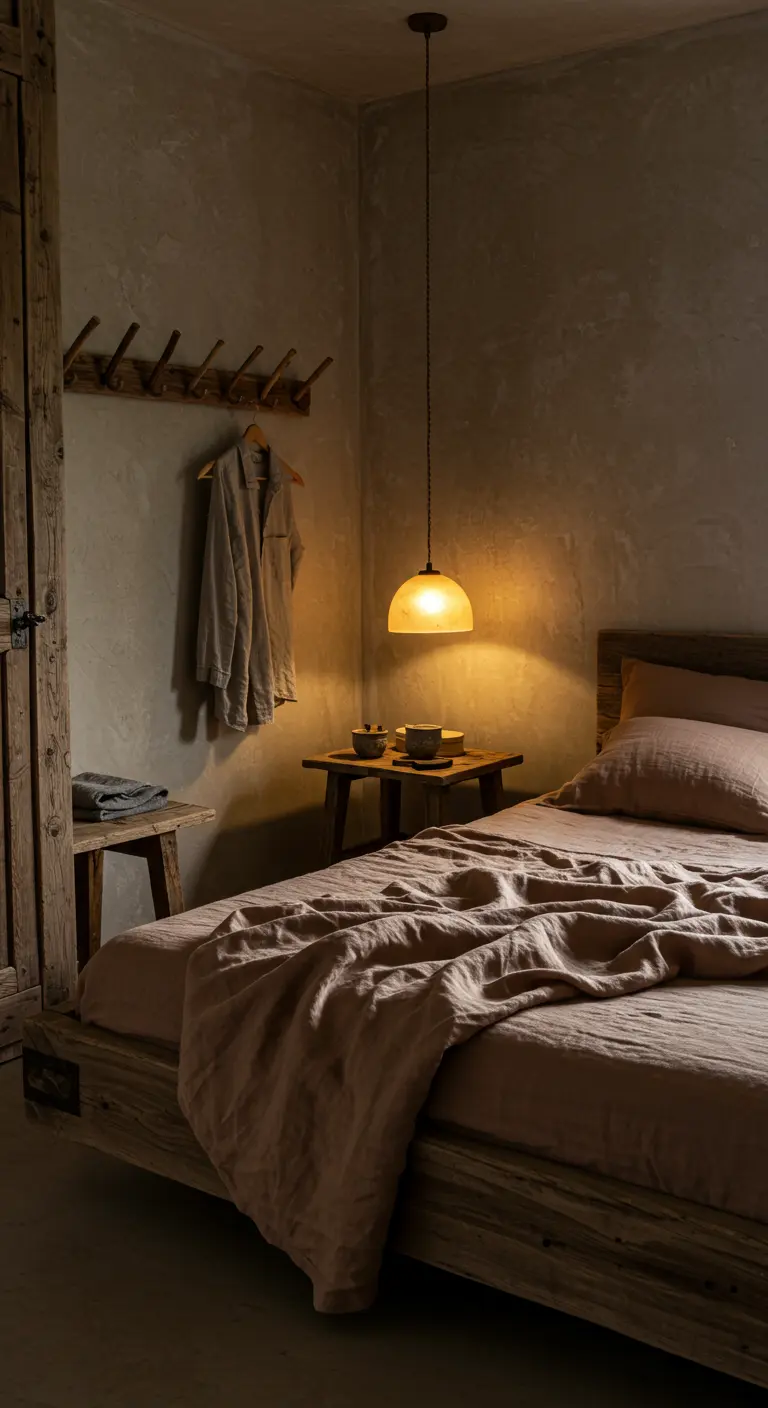 Chambre rustique de style wabi-sabi avec des murs texturés, un lit en bois et une lumière chaude.