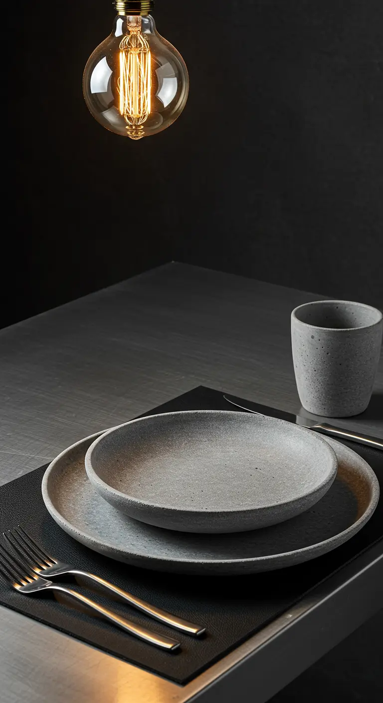 Vaisselle effet béton sous une ampoule Edison pour un style industriel.