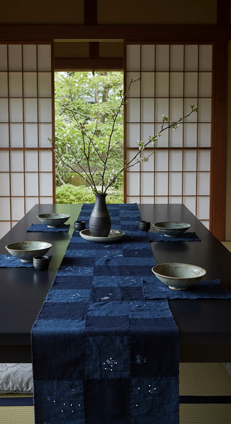 Table sombre d'inspiration japonaise avec un chemin de table indigo et une branche fleurie.
