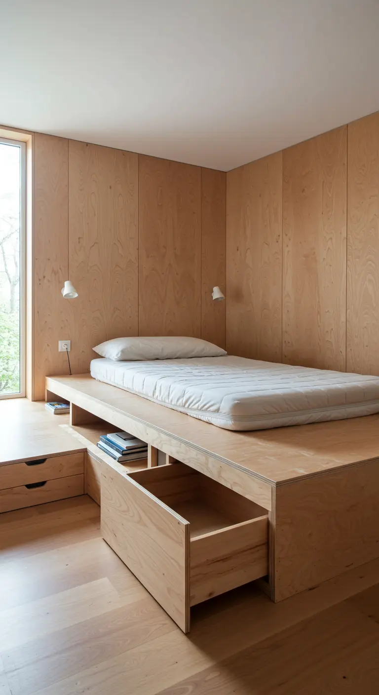 Lit sur estrade en bois avec tiroirs et niches de rangement intégrés.