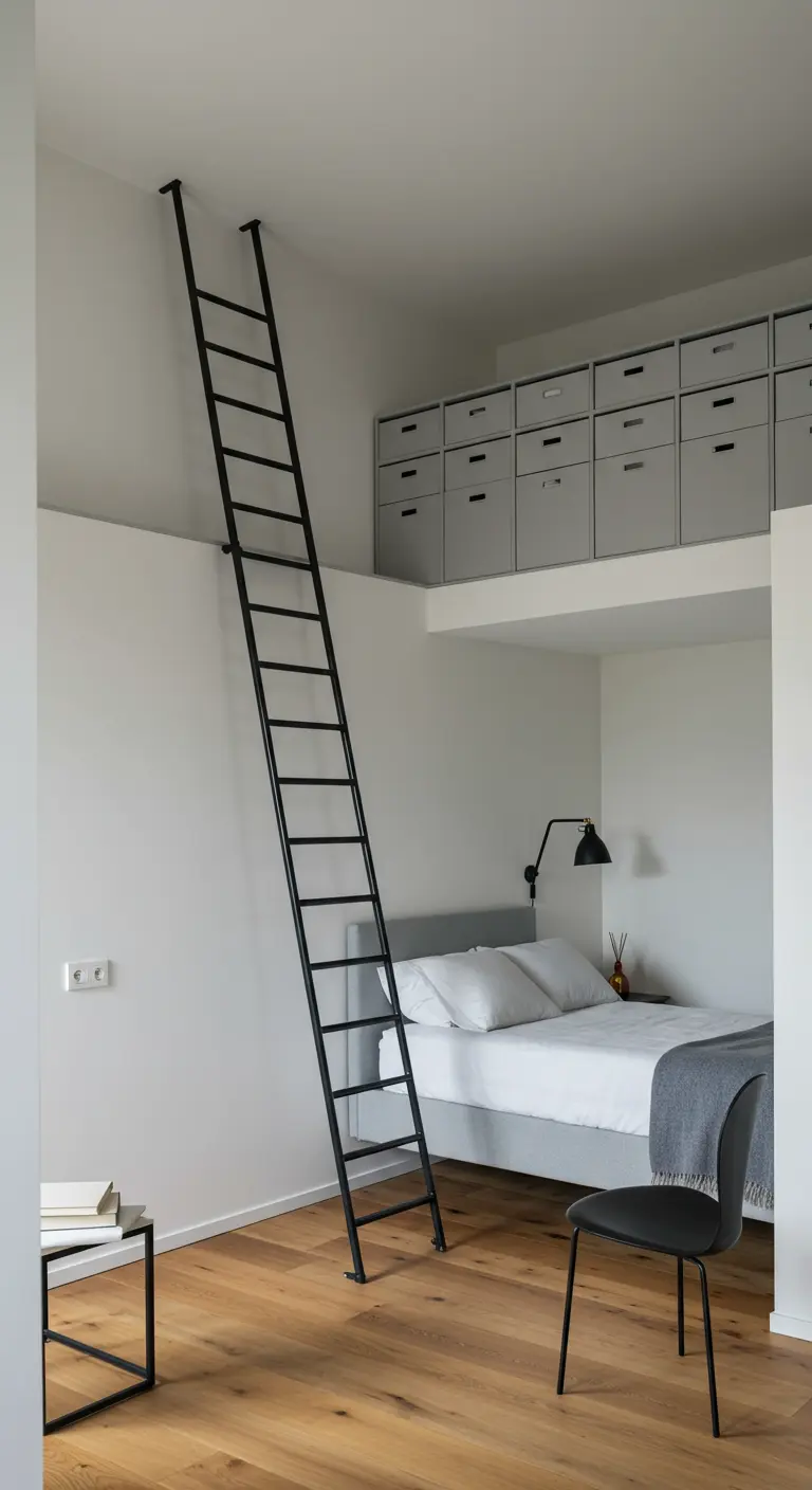 Chambre avec une mezzanine de rangement accessible par une échelle noire.