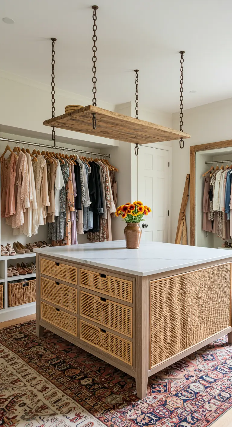 Étagère en bois suspendue par des chaînes au-dessus d'un îlot de dressing.