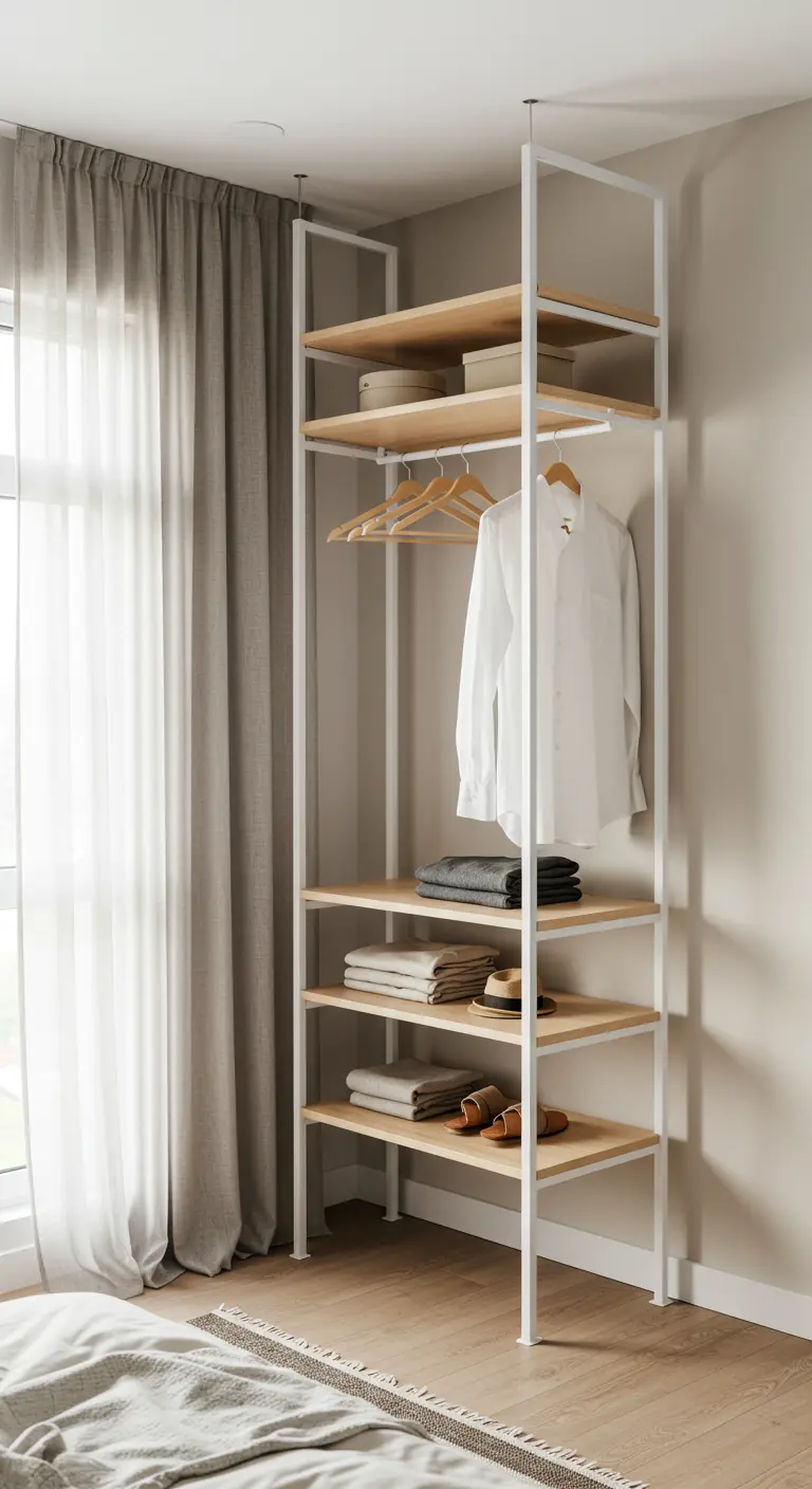 Système d'étagères ouvertes avec une fine structure en métal blanc et des tablettes en bois.