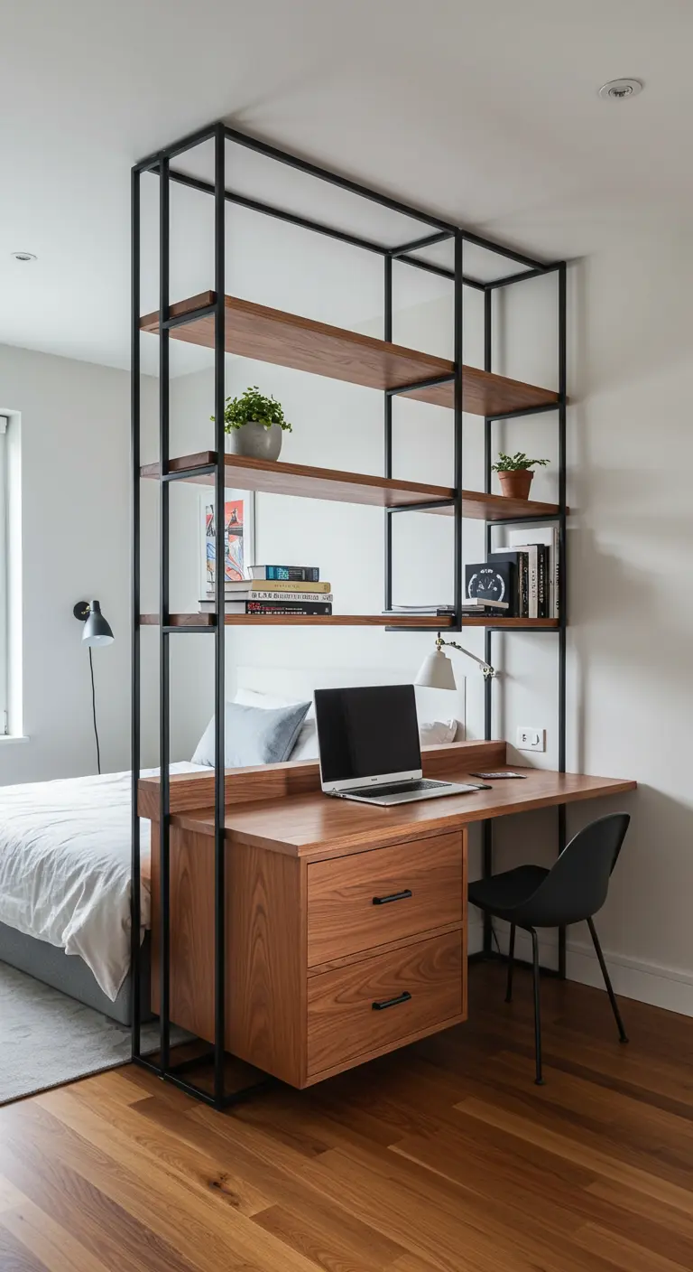 Étagère industrielle noire servant de cloison avec un bureau en bois intégré.