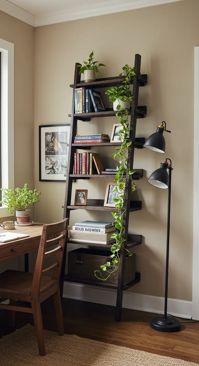 Étagère-échelle en bois foncé chargée de livres, de plantes et de cadres, posée contre un mur beige.