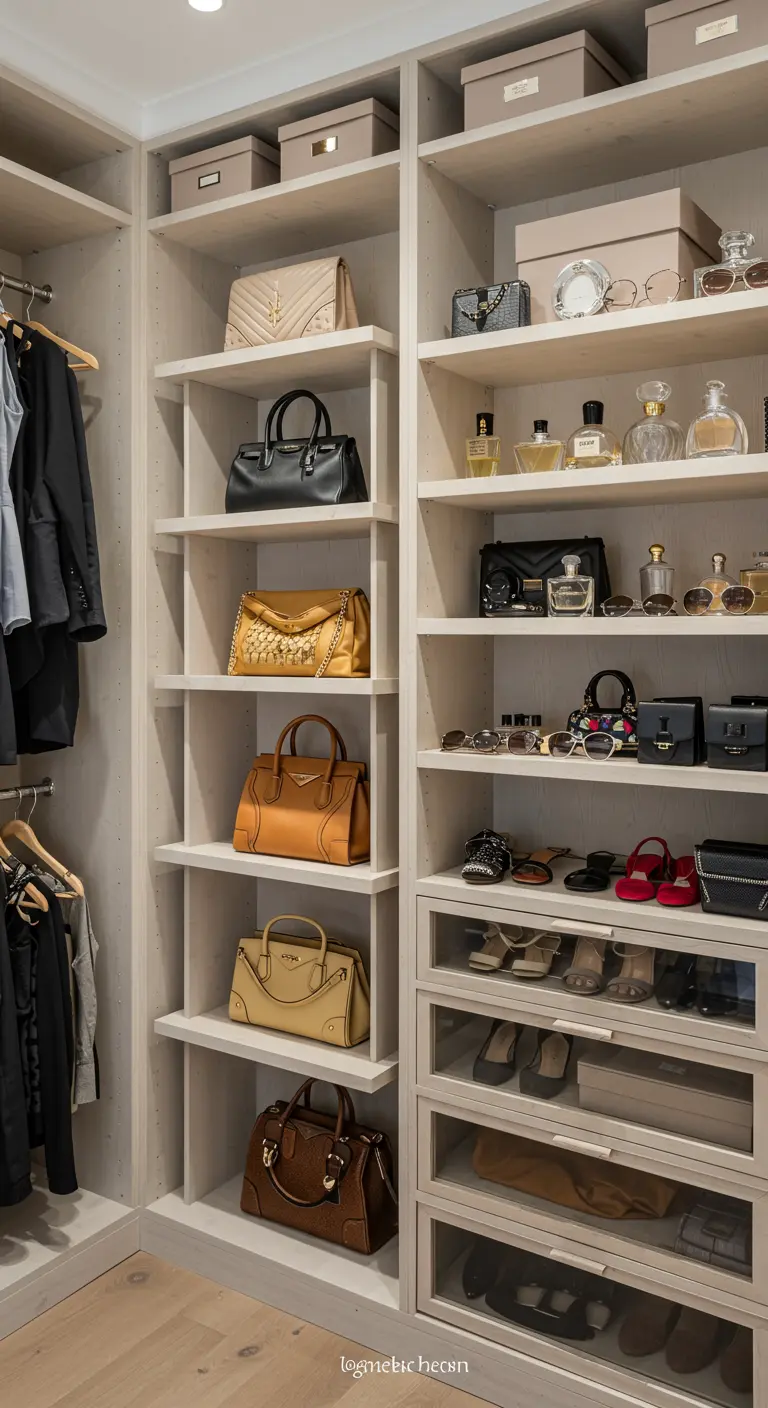 Étagères ouvertes dans un dressing présentant une collection de sacs à main et de flacons de parfum.
