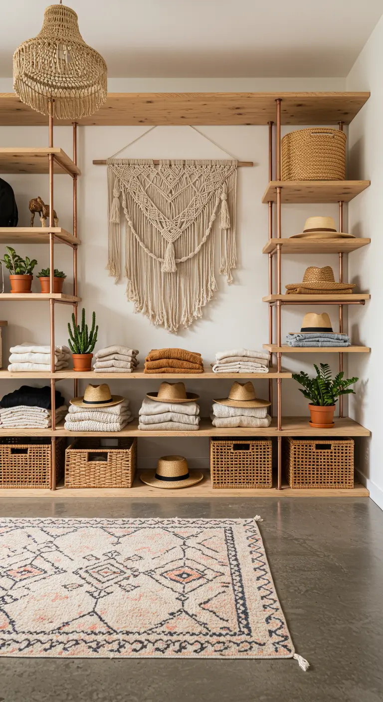 Dressing ouvert avec étagères en bois et tuyaux de cuivre, tapis berbère.