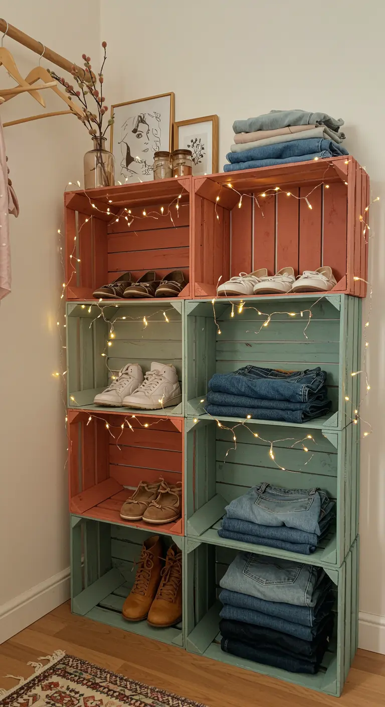 Étagères DIY faites de caisses en bois peintes et décorées de guirlandes.