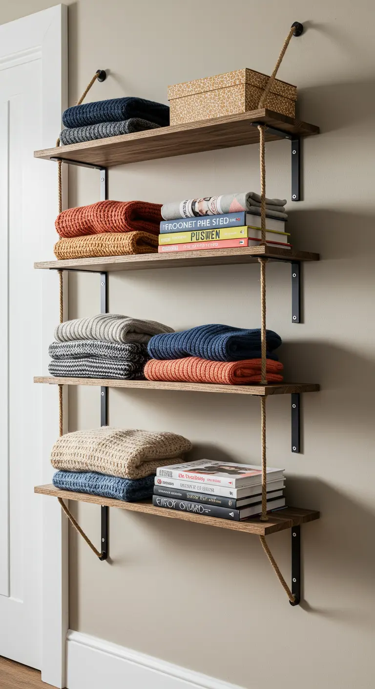 Étagères murales en bois soutenues par des cordes épaisses et des équerres.