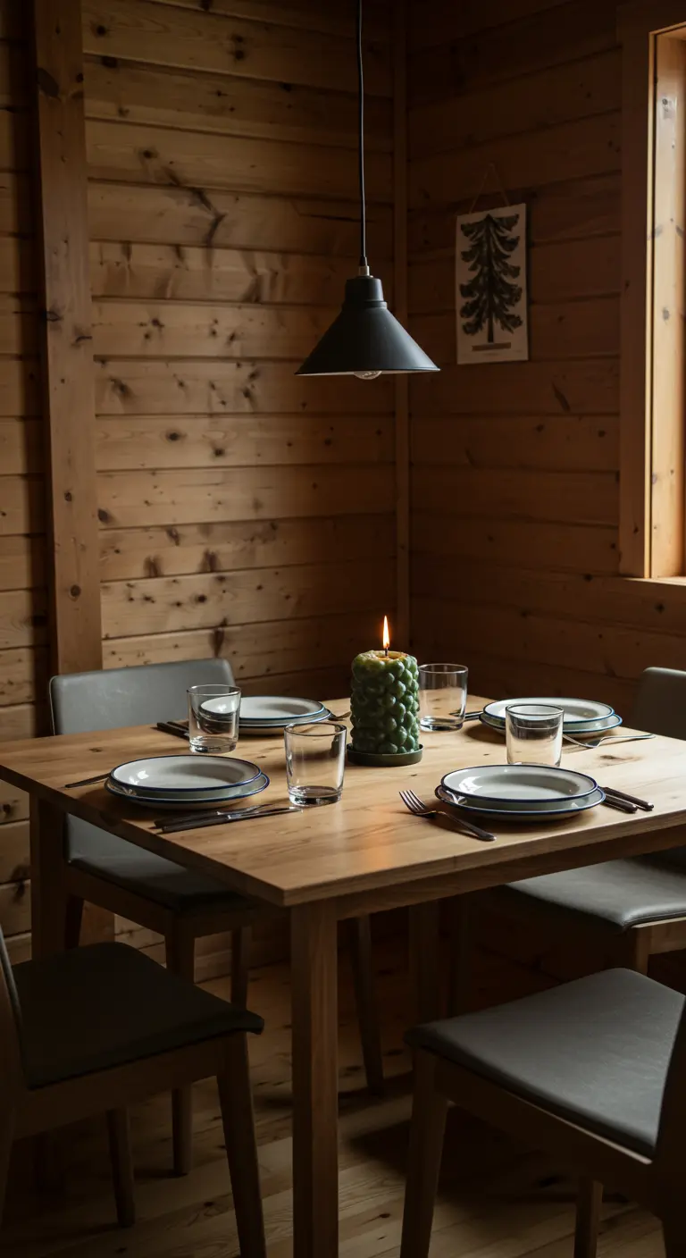 Table en bois dans un chalet, avec une seule grosse bougie verte texturée au centre.