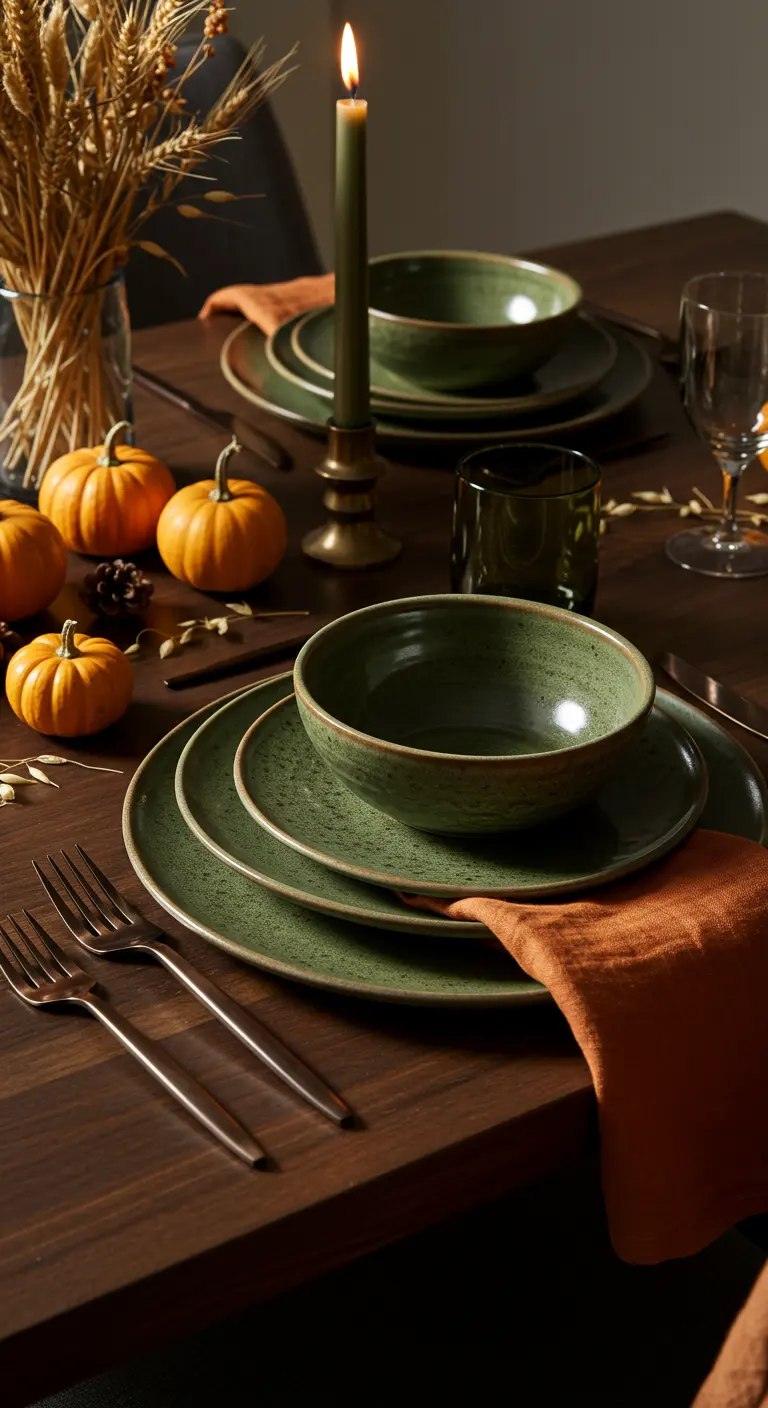 Vaisselle en grès vert avec des mini-citrouilles pour une table d'automne.