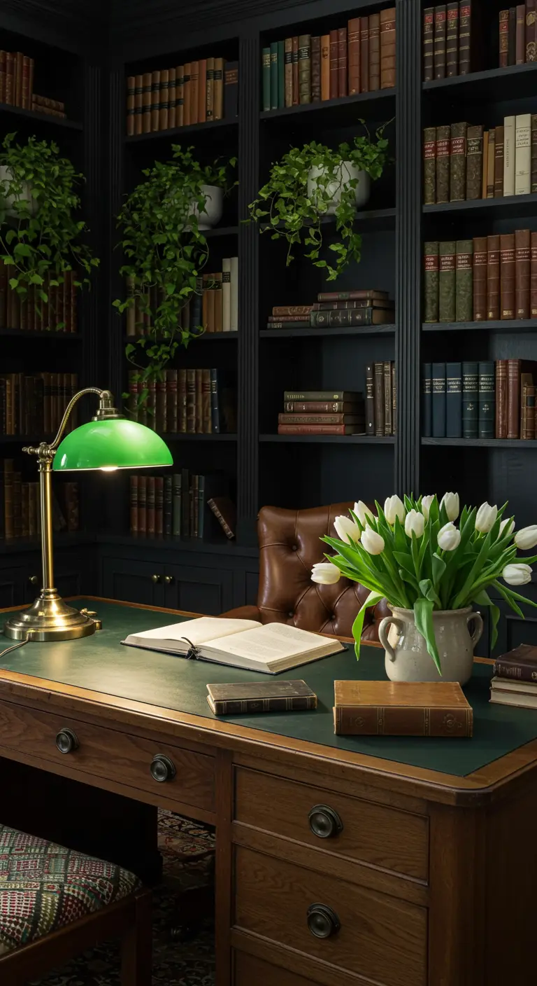 Bureau bibliothèque classique avec boiseries sombres, fauteuil en cuir et bouquet de tulipes.