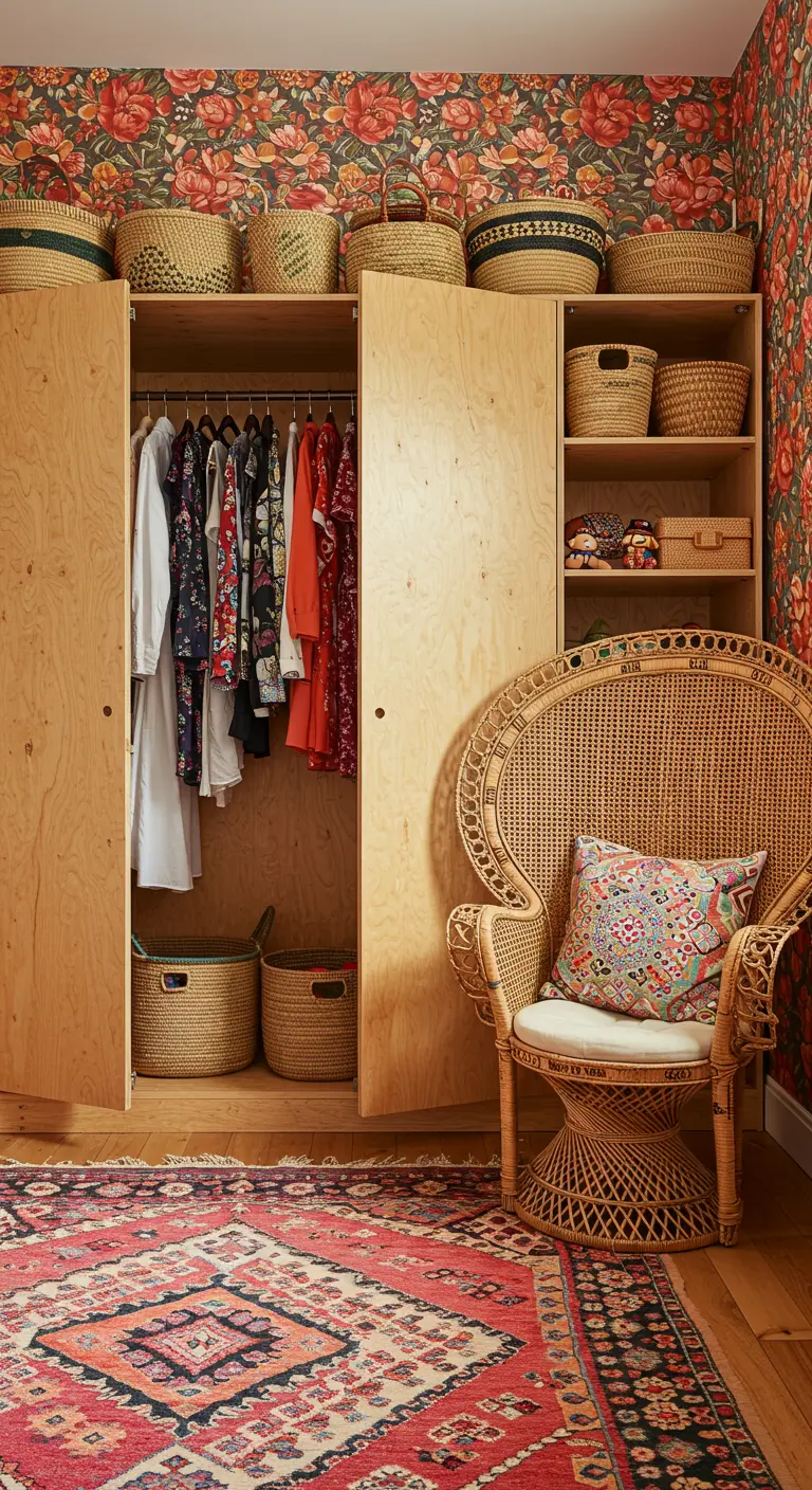 Dressing bohème avec placards en bois clair, tapis persan et fauteuil en rotin.