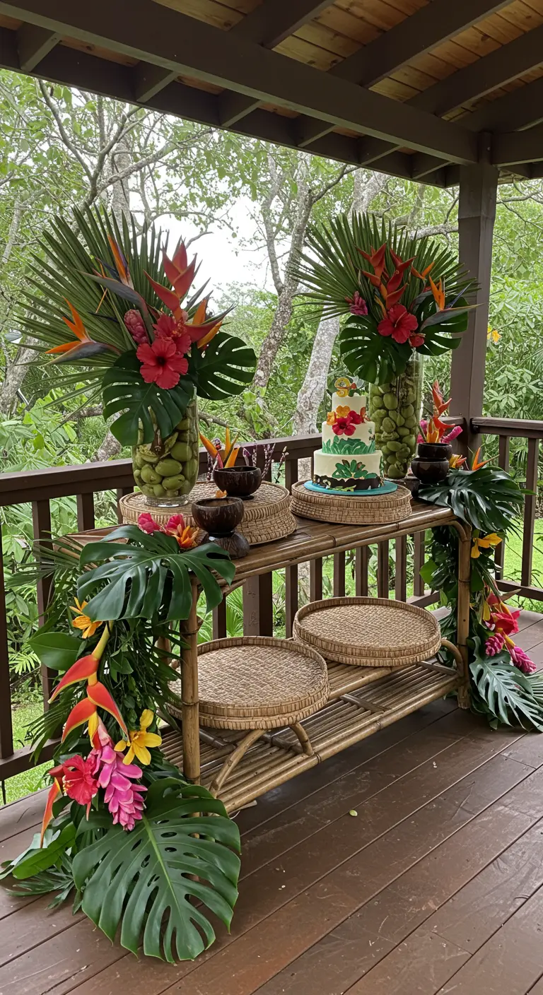 Buffet d'anniversaire tropical sur une étagère en bambou avec feuilles de monstera et fleurs.