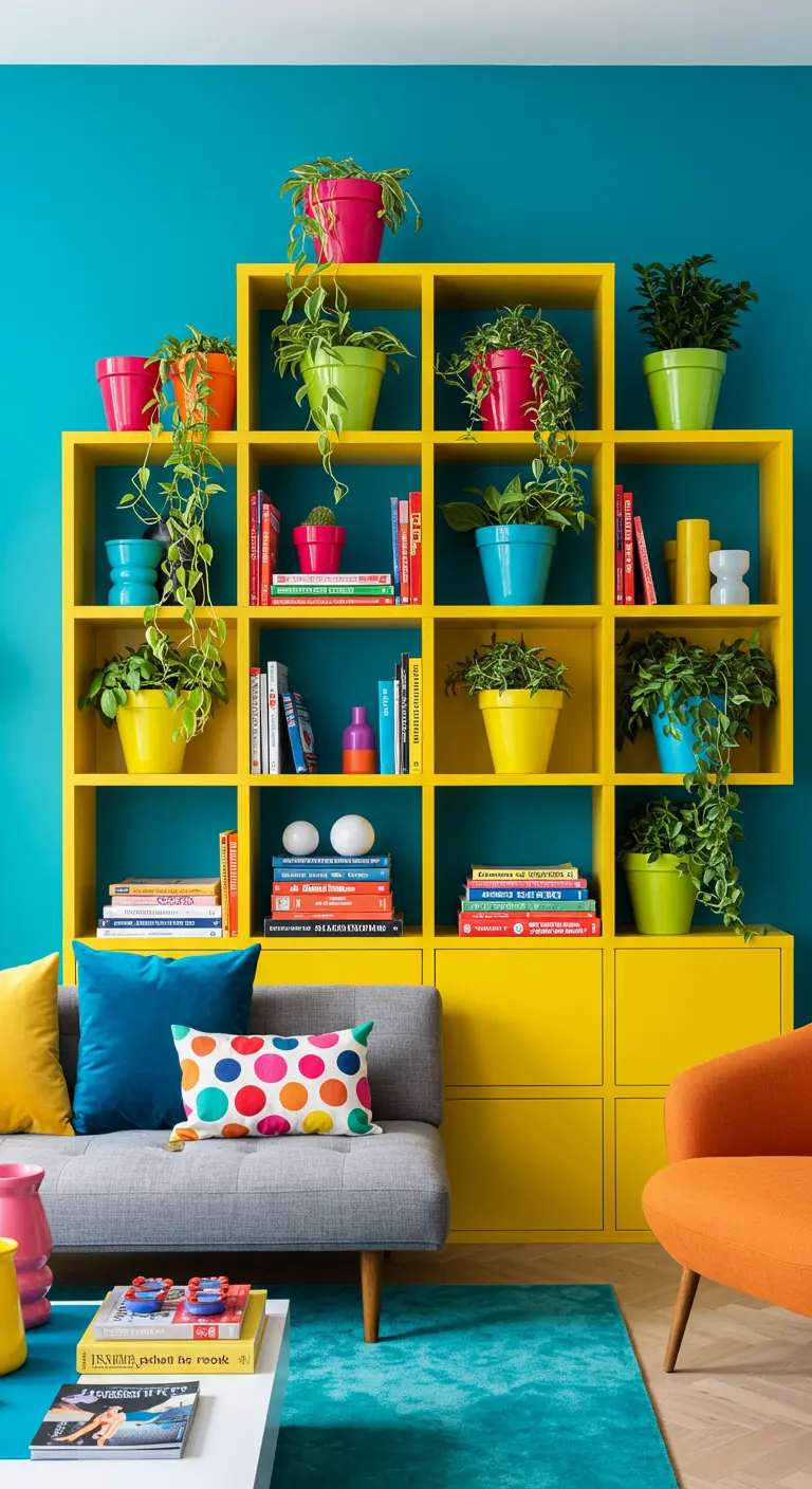Grande bibliothèque cubique jaune sur un mur turquoise, remplie de livres et de plantes dans des pots colorés.