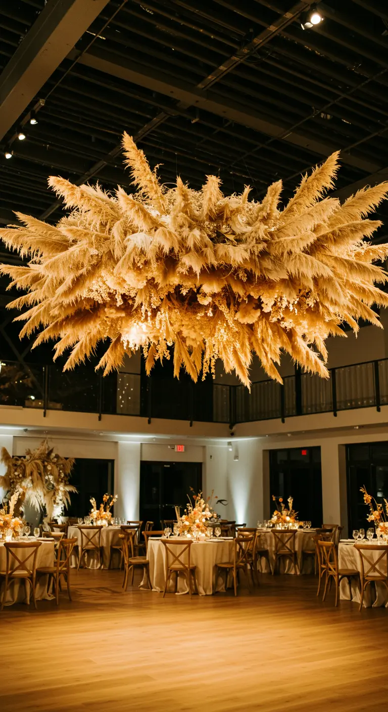 Immense lustre de pampa séchée suspendu au-dessus d'une salle de réception.