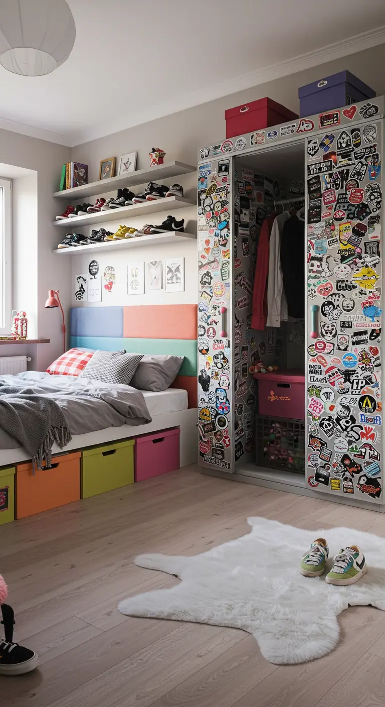 Chambre d'ado avec une armoire couverte d'autocollants et des bacs de rangement colorés sous le lit.