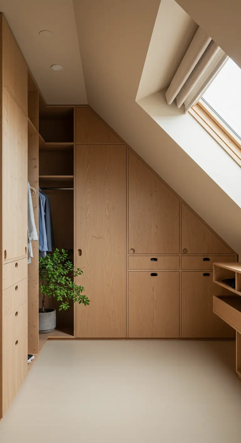 Dressing mansardé sur mesure en bois de bouleau clair avec une niche pour plante.
