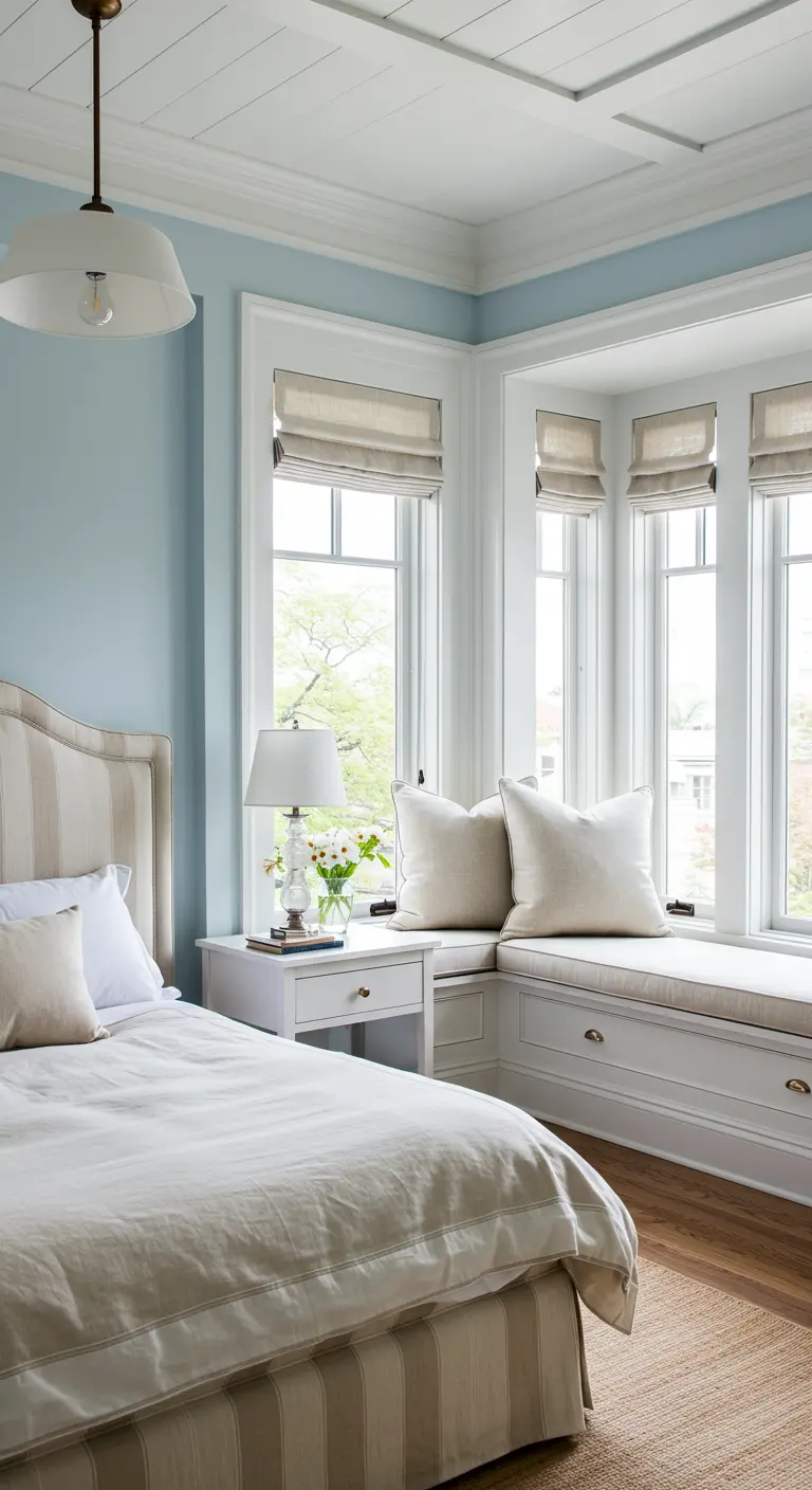 Tête de lit à rayures assortie à la banquette de fenêtre dans une chambre bleu pastel.