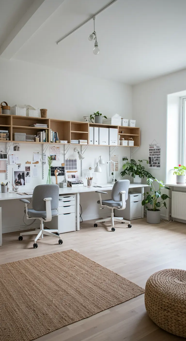 Double bureau blanc et bois de style scandinave avec rangements muraux ouverts et tapis en jute.