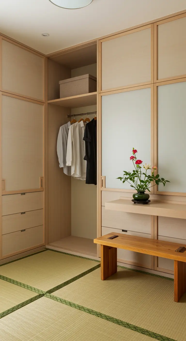 Dressing d'inspiration japonaise avec des portes coulissantes, un sol en tatami et un banc en bois.