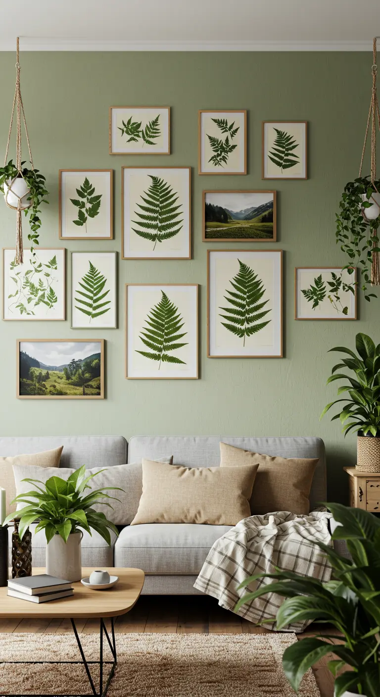 Mur vert sauge décoré de cadres en bois contenant des feuilles de fougère pressées et des paysages.