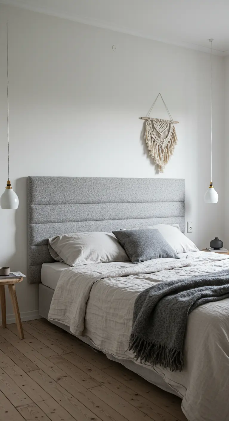 Tête de lit grise à panneaux horizontaux avec une suspension en macramé.