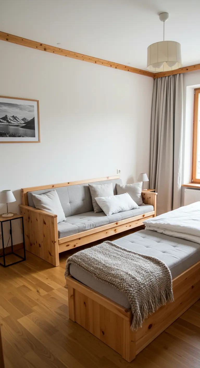 Chambre avec un lit simple et un canapé-lit en bois de style scandinave.