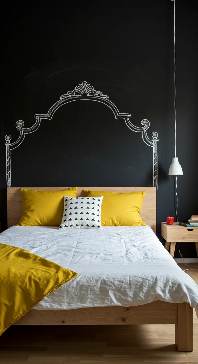 Le contour d'une tête de lit baroque est dessiné à la craie sur un mur peint en noir ardoise.