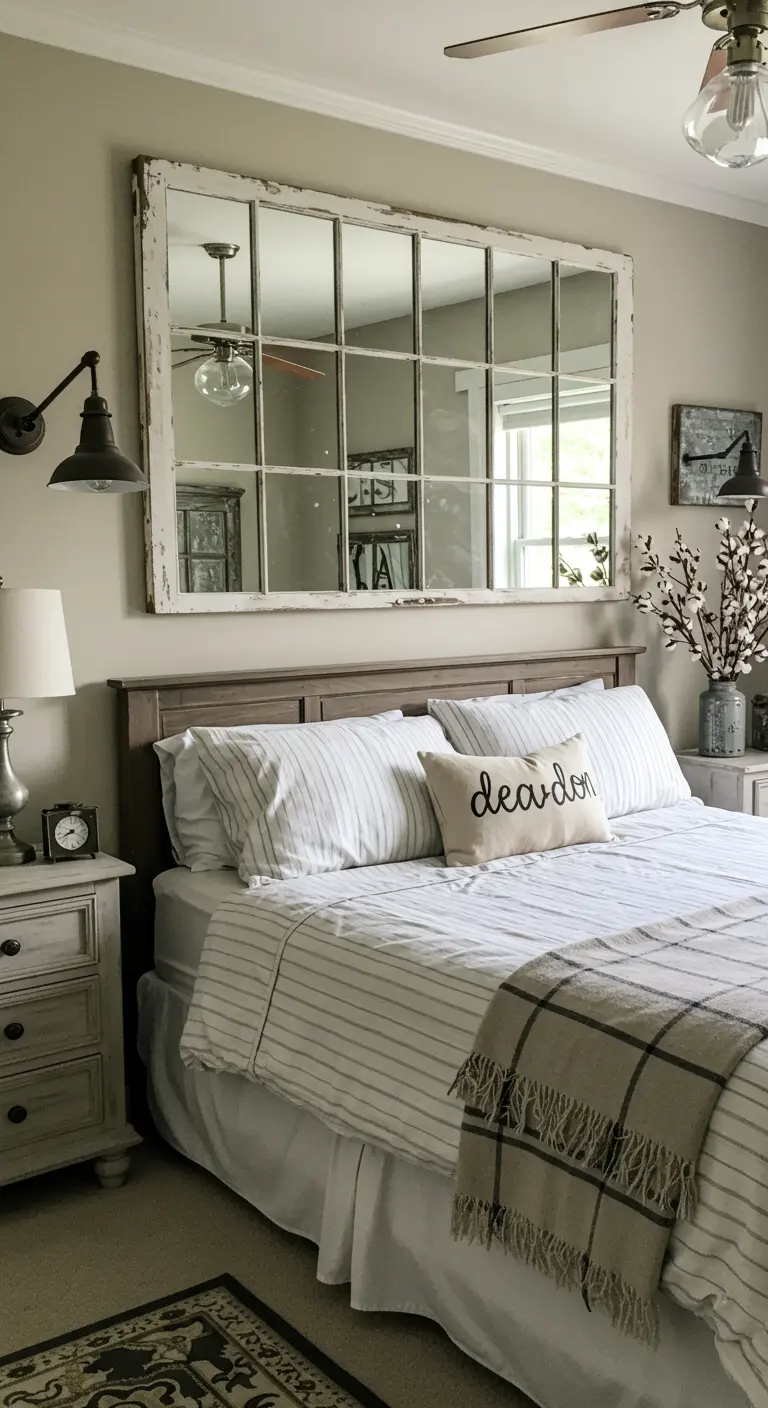 Vieux cadre de fenêtre avec des miroirs utilisé comme tête de lit dans une chambre de style campagne.