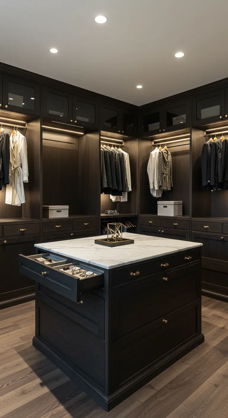 Dressing-room luxueux en bois sombre avec îlot central au plateau de marbre.
