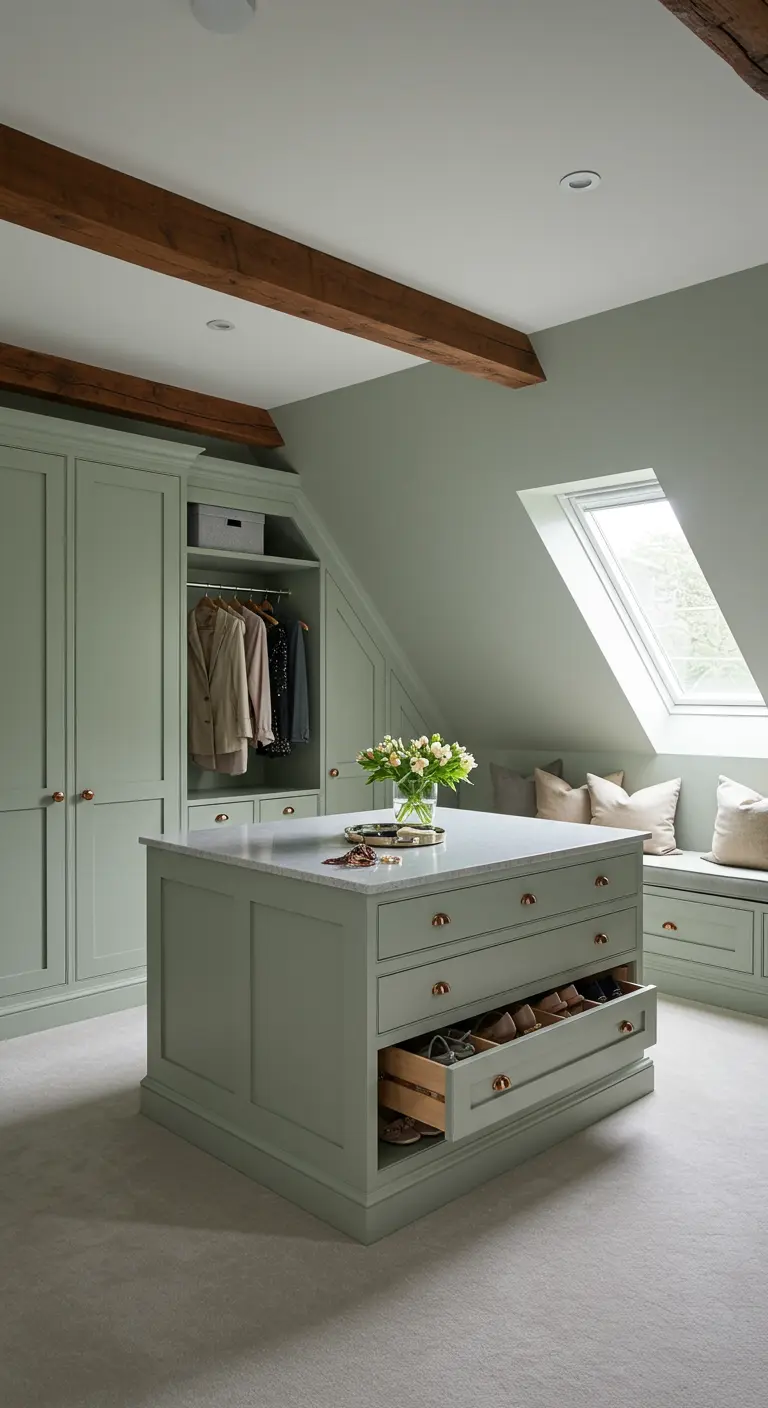 Grand dressing mansardé vert sauge avec un îlot central à tiroirs et une banquette.