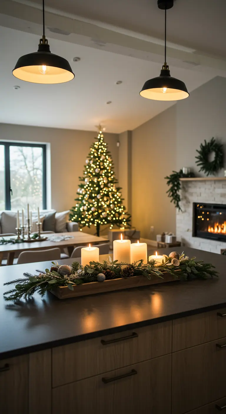 Centre de table allongé avec bougies LED et verdure sur un îlot de cuisine moderne.