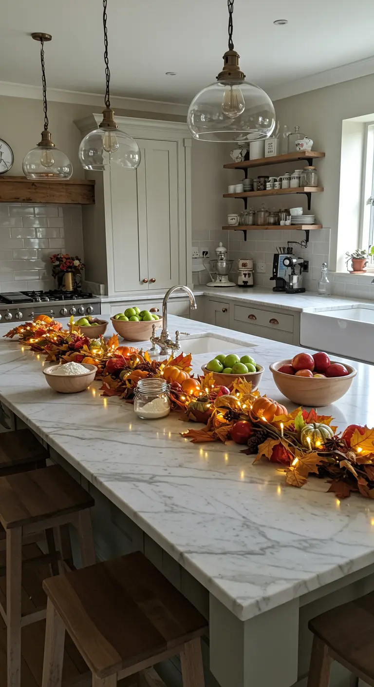 Îlot de cuisine en marbre décoré d'une longue guirlande d'automne lumineuse.