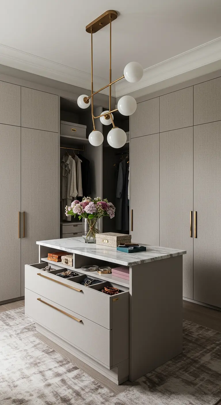 Îlot de dressing gris avec tiroirs ouverts et plateau en marbre.