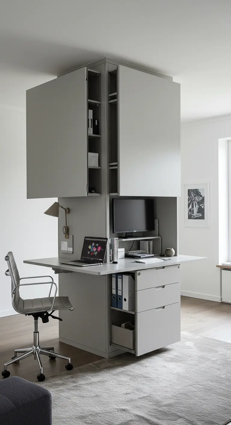 Module de bureau central gris avec rangements intégrés tout autour et au-dessus.