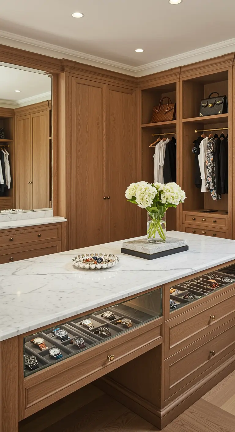 Îlot de dressing en bois avec un tiroir vitré exposant une collection de montres.