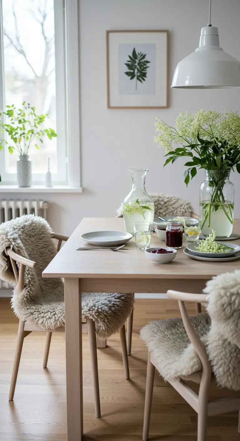 Table de style scandinave avec un vase de fleurs de sureau et de l'eau infusée.
