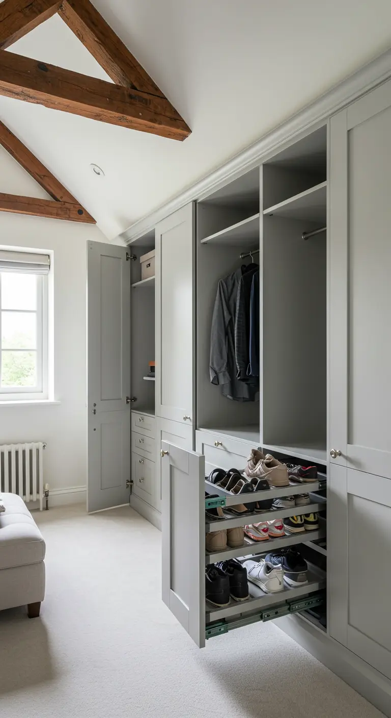 Armoire de dressing grise ouverte sur des tiroirs à chaussures coulissants et organisés.