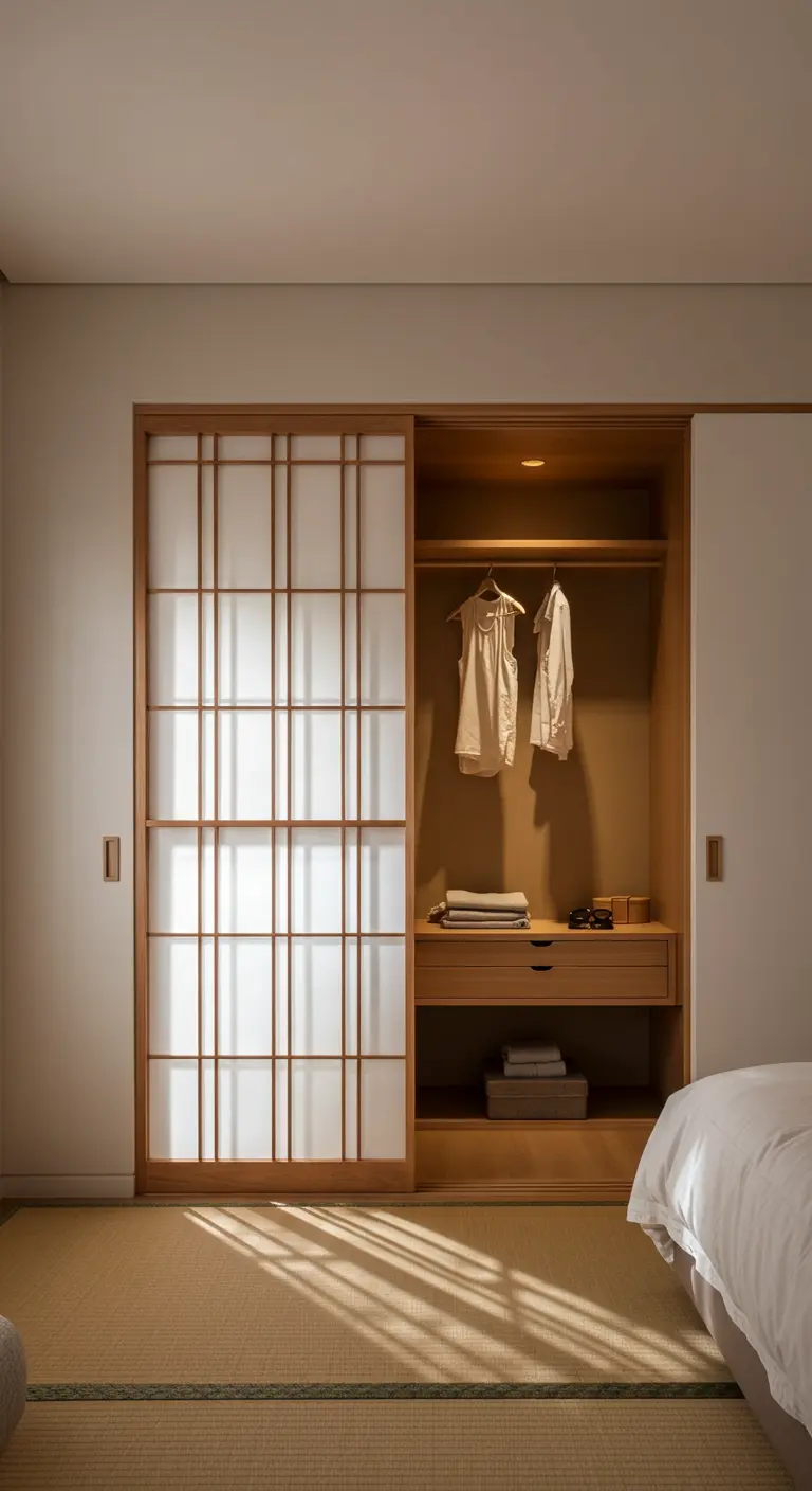 Portes coulissantes style Shoji japonais avec cadre en bois et panneaux translucides.