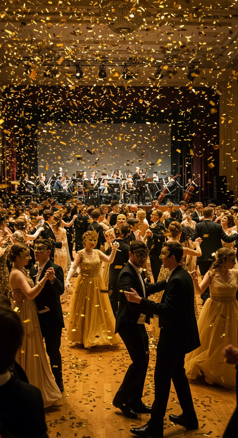 Une pluie de confettis dorés tombe sur des couples qui dansent dans une salle de bal.