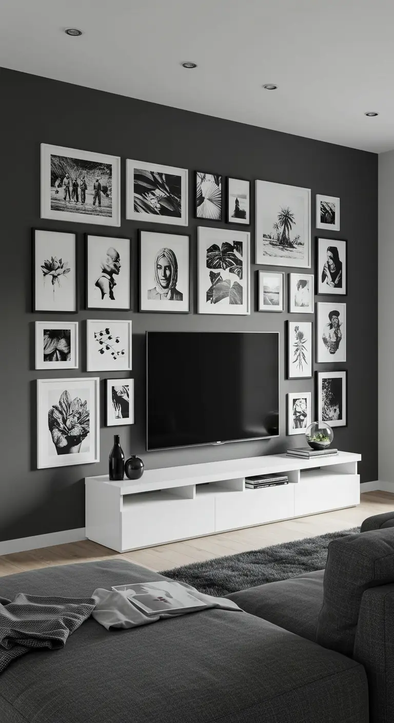 Téléviseur à écran plat entouré d'un mur de galerie de photos en noir et blanc sur un mur gris.