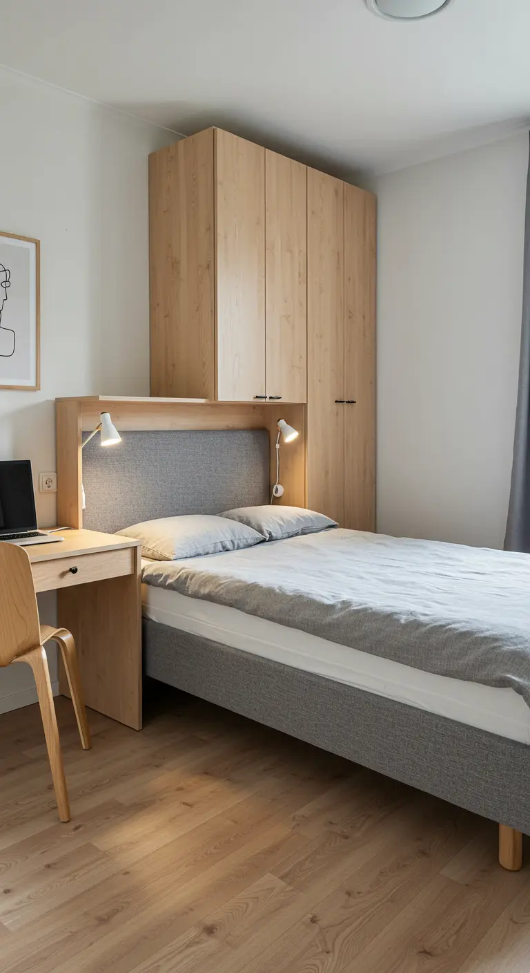 Tête de lit grise intégrée à un meuble de rangement avec bureau.