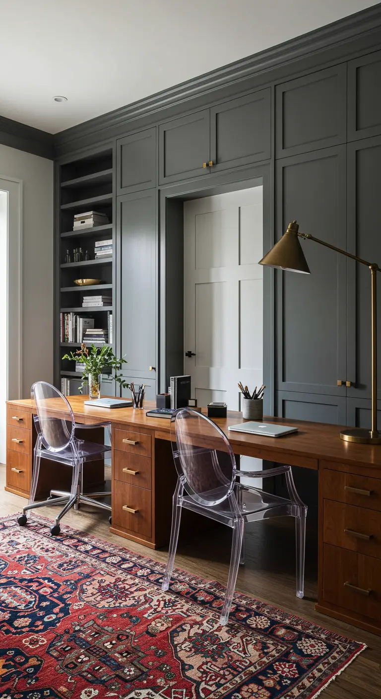 Bureau double intégré dans des menuiseries sur mesure grises, avec des chaises transparentes et un tapis persan.