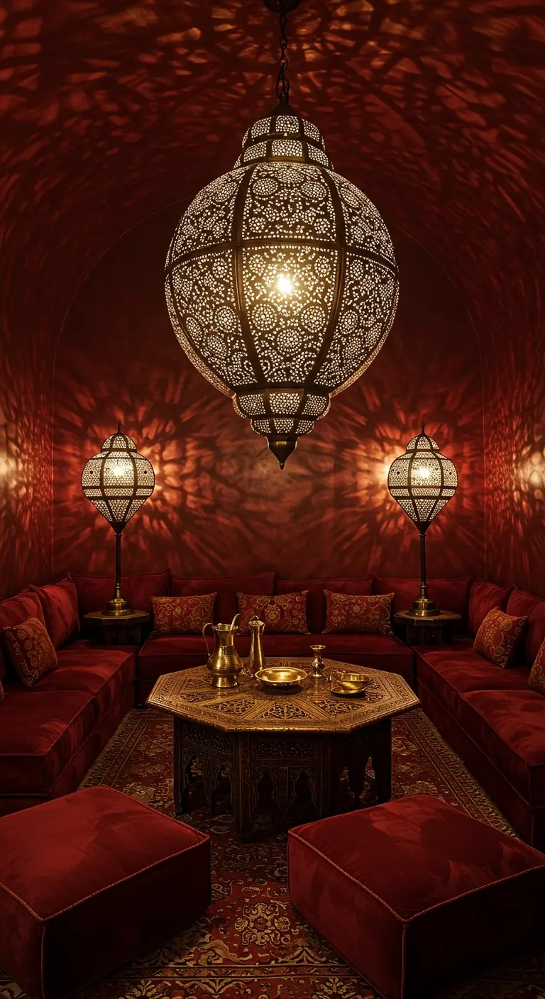 Une pièce aux murs rouges avec une immense lanterne marocaine projetant des motifs lumineux.